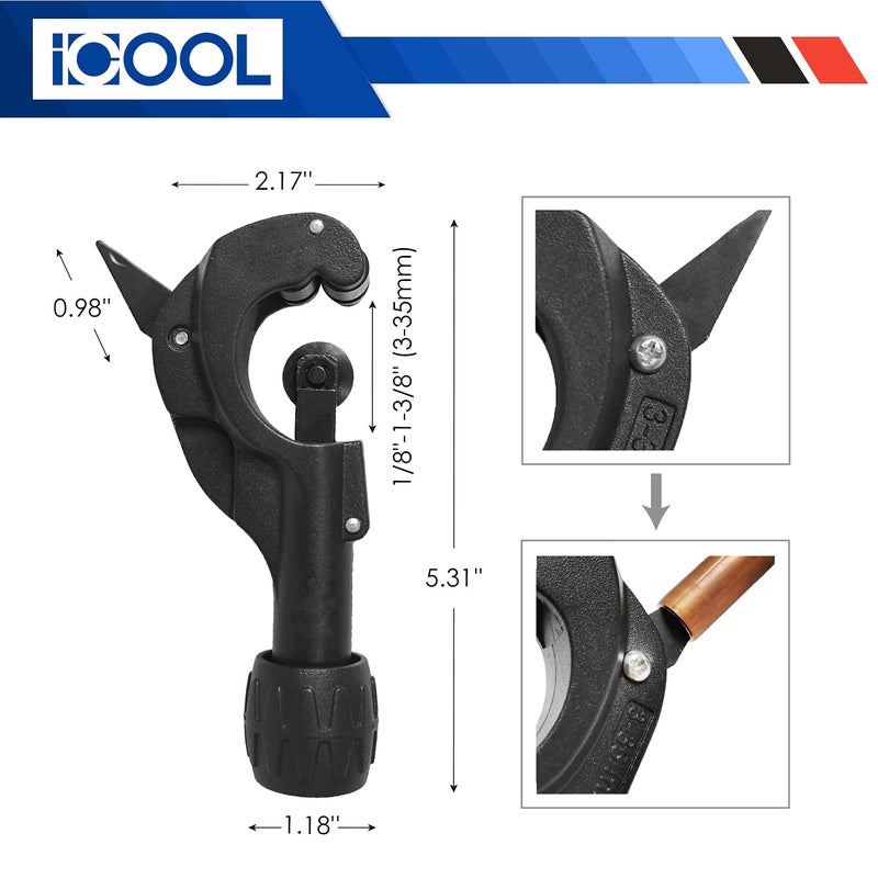 I COOL قاطع الأنابيب ICOOL 1/8 إلى 1-3/8 بوصة (3-35 مم) (سطح غير لامع) مع شفرة إضافية ومخرطة للنحاس، النحاس الأصفر، الألمنيوم، أنابيب الصلب اللين، PVC، أنبوب الفولاذ المقاوم للصدأ الرقيق - Image 4